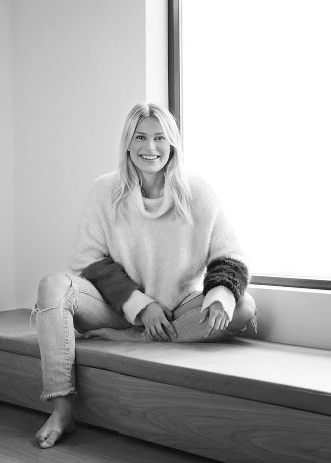 Black-and-white portrait of designer Camilla Akersveen.