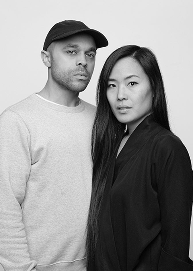 Black-and-white portrait of designers Jessica Nakanishi and Jonathan Sabine, founders of MSDS Studio.
