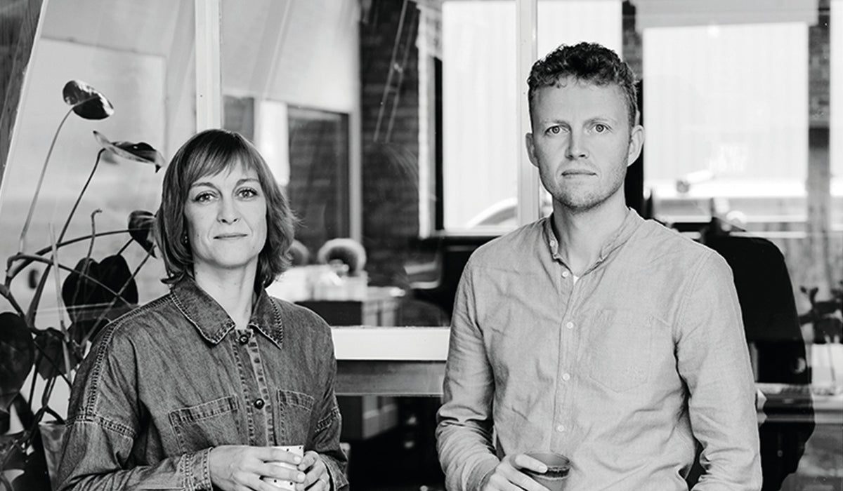 Black-and-white portrait of designers Pia Würtz Mogensen and Thomas Steffensen, founders of the design studio Steffensen & Würtz.