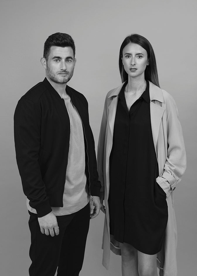 Black-and-white portrait of designers Clara del Portillo and Alex Selma, founders of Yonoh Studio.